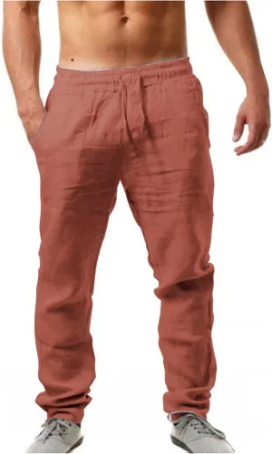 Men' S Cotton Linen Trousers Solid Color Breathable Loose Casual Pants Elastic Drawstring Joggers Yoga Beach Pants