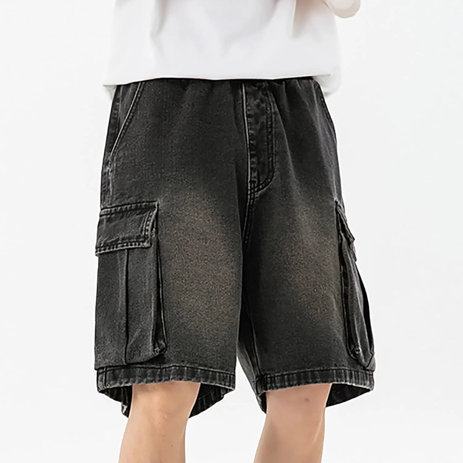 Men Wide Leg Hip Hop Mid Jean Shorts Work Denim Shorts with Pockets Casual 2025 Trendy Streetwear
