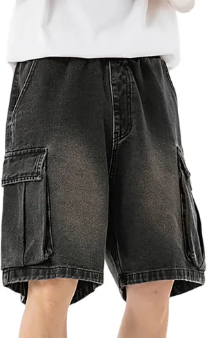 Men Wide Leg Hip Hop Mid Jean Shorts Work Denim Shorts with Pockets Casual 2025 Trendy Streetwear