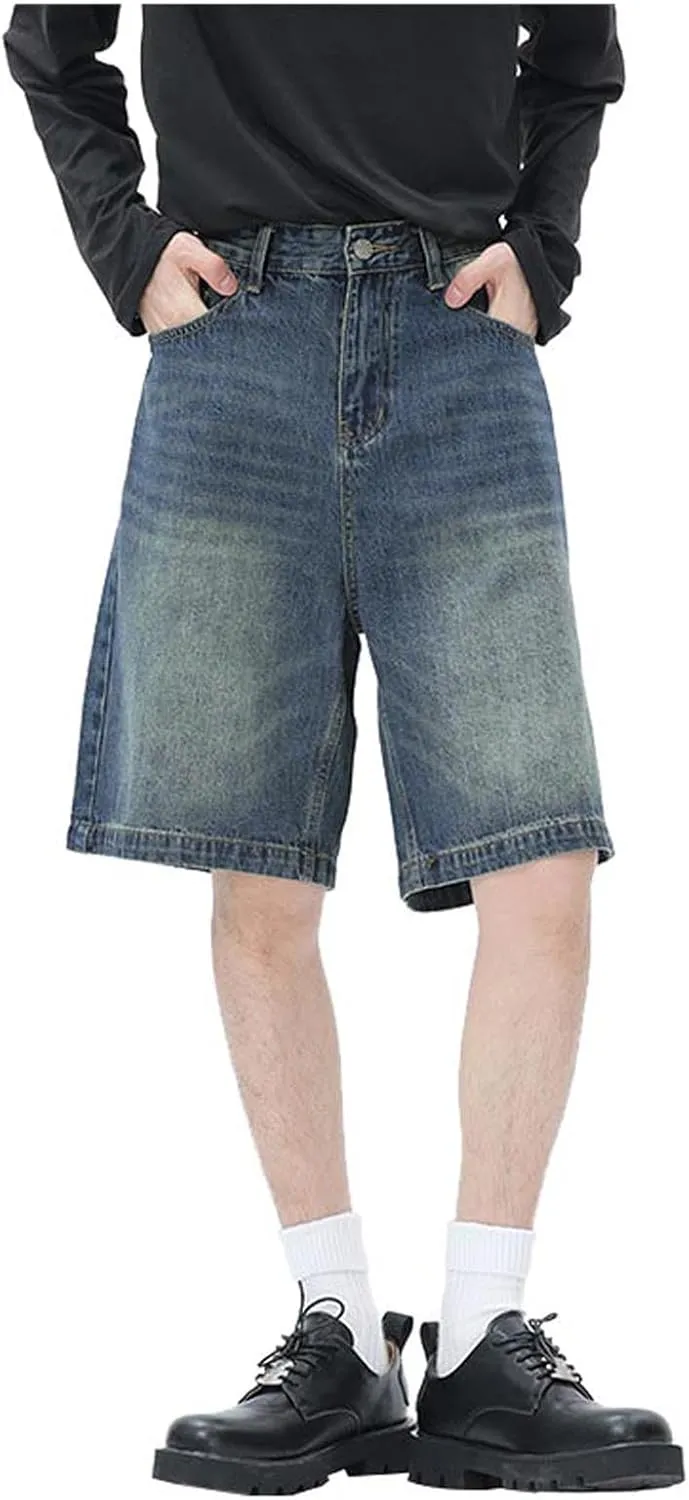 Men Y2K Grunge Baggy Jean Shorts Summer Casual Hip Hop Cargo Pants Loose Denim Shorts with Pockets