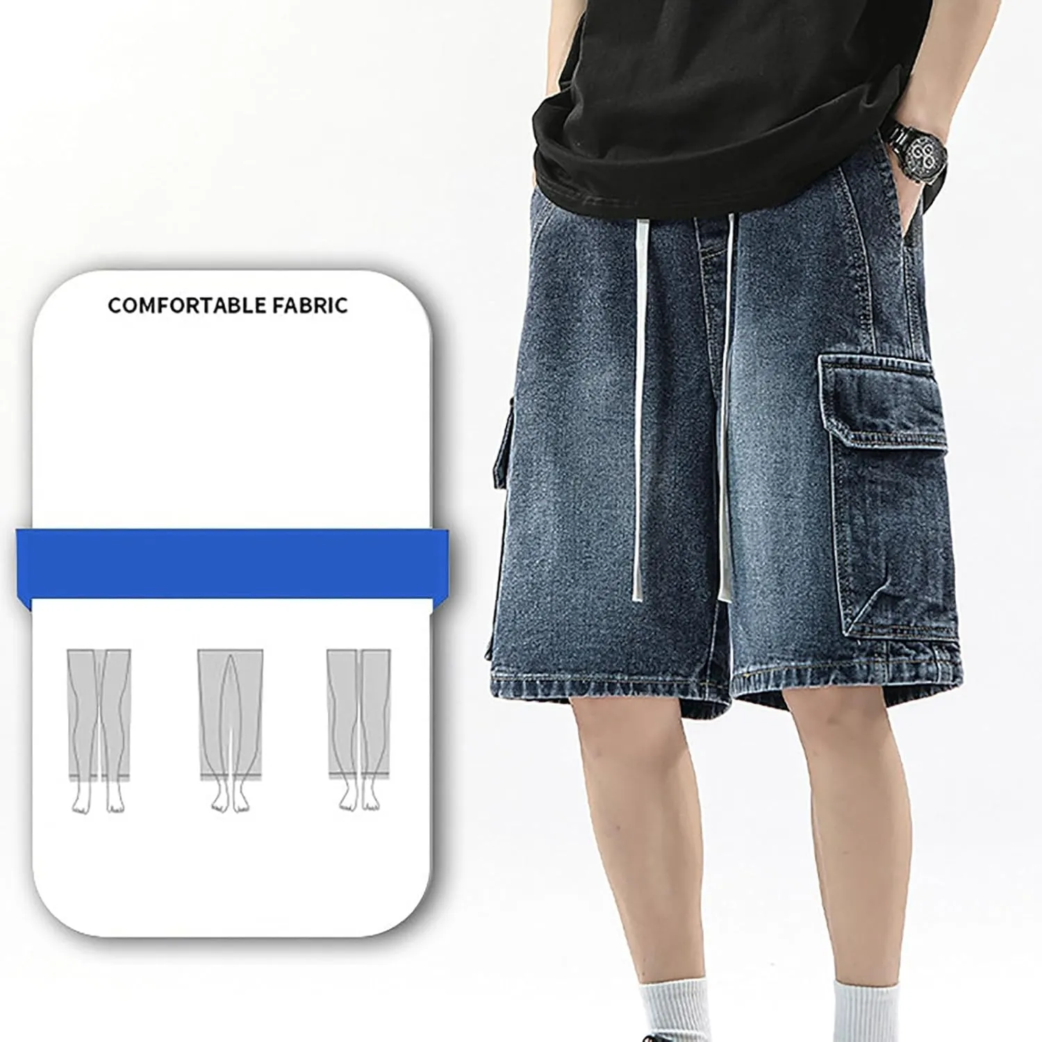 Men Y2K Grunge Baggy Jean Shorts Summer Casual Hip Hop Cargo Pants Loose Denim Shorts with Pockets
