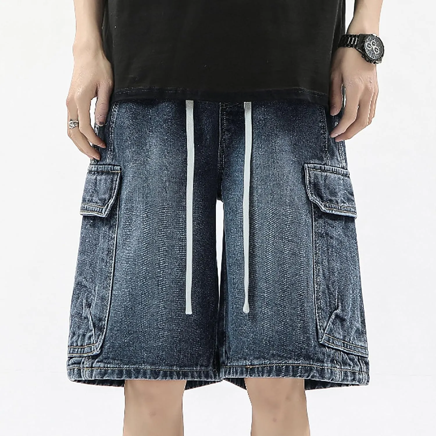 Men Y2K Grunge Baggy Jean Shorts Summer Casual Hip Hop Cargo Pants Loose Denim Shorts with Pockets