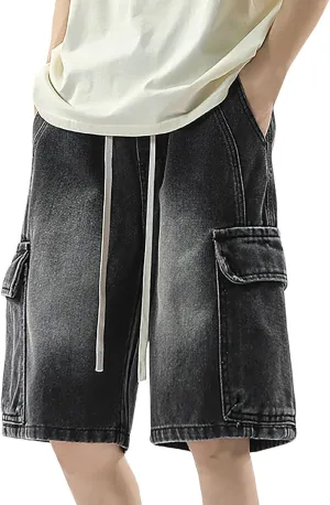 Mens Baggy Jean Shorts Loose Fit Below Knee Denim Shorts Summer Casual Y2K Grunge Streetwear Clothes