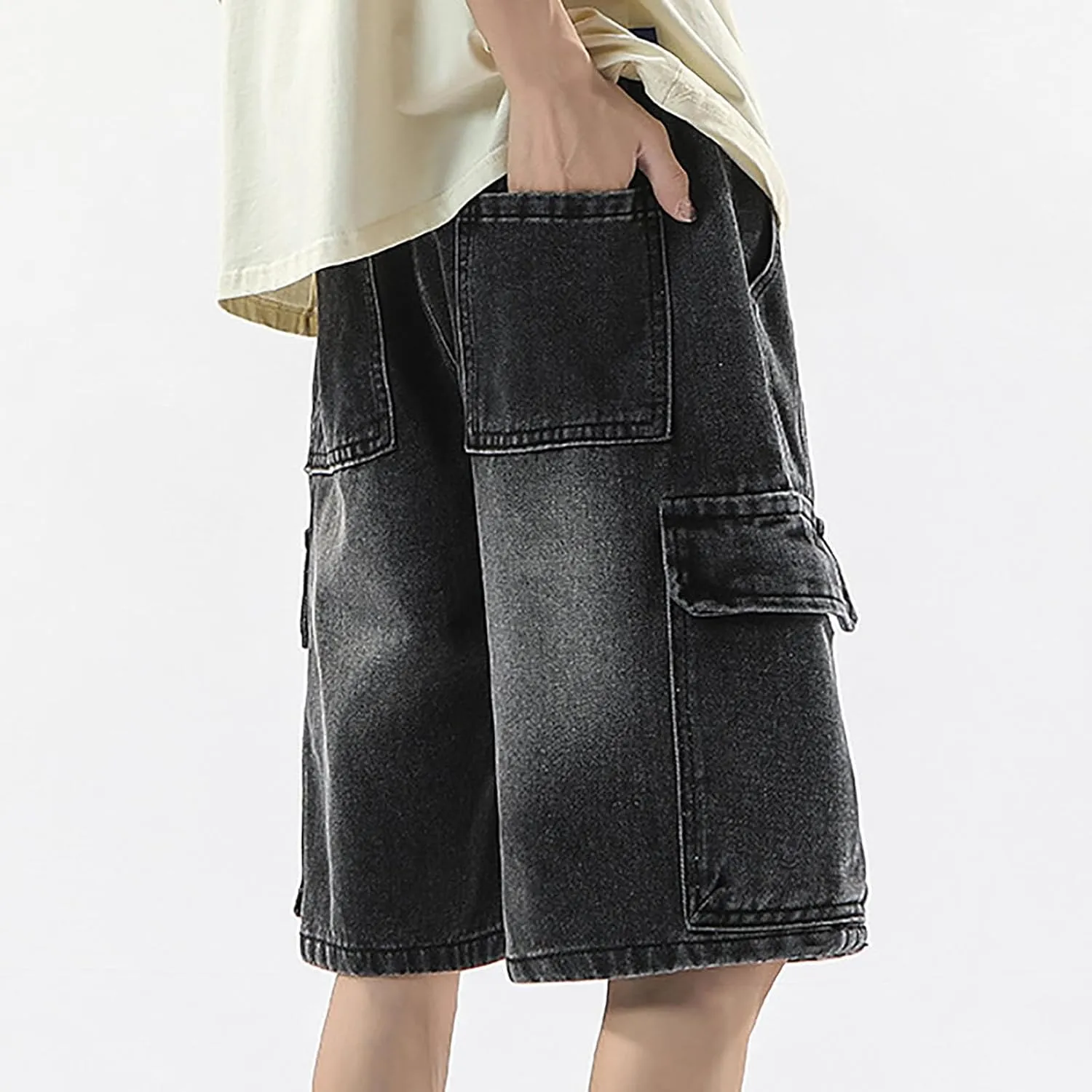 Mens Baggy Jean Shorts Loose Fit Below Knee Denim Shorts Summer Casual Y2K Grunge Streetwear Clothes