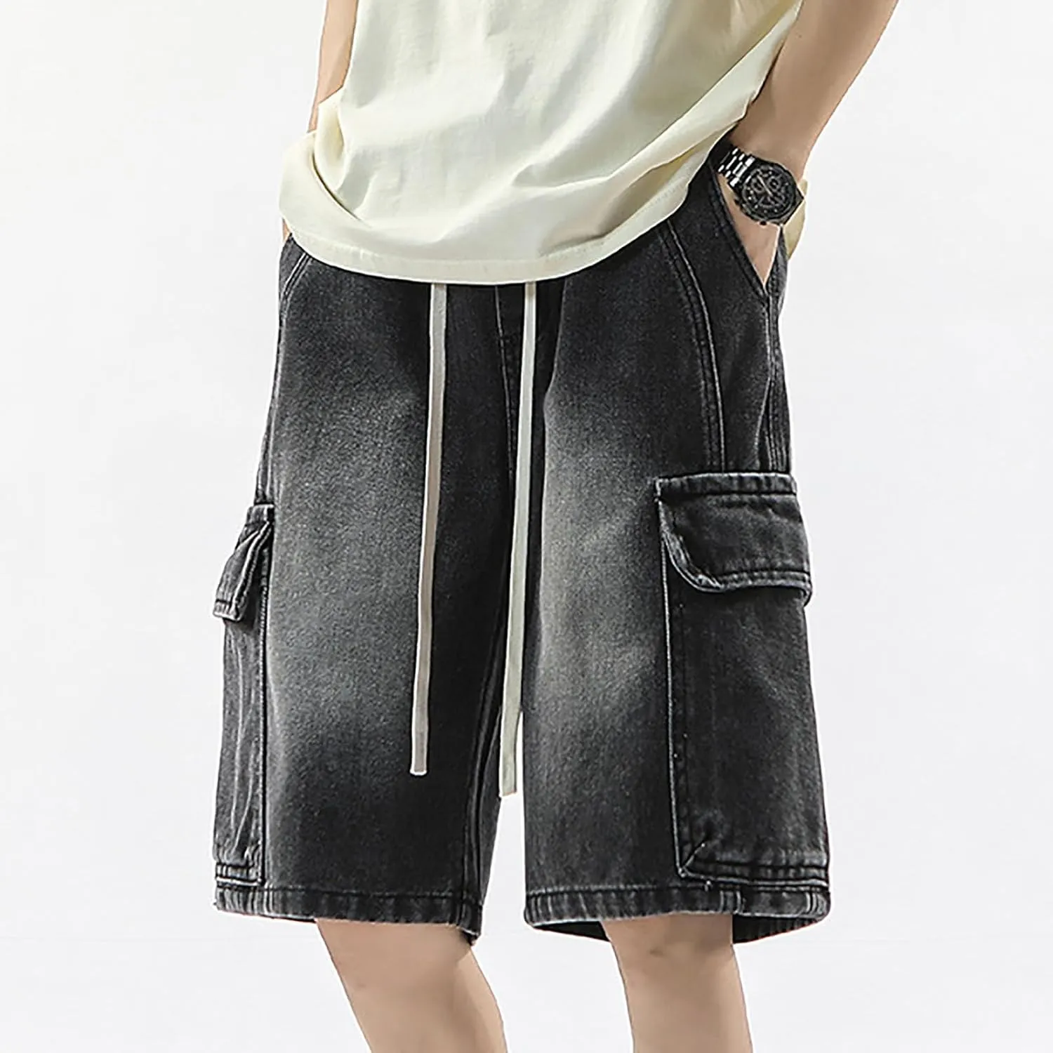 Mens Baggy Jean Shorts Loose Fit Below Knee Denim Shorts Summer Casual Y2K Grunge Streetwear Clothes