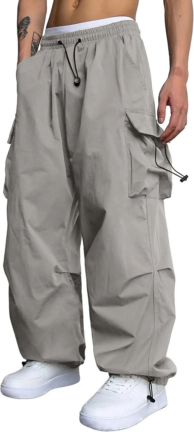 Mens Cargo Pants Casual Work Pant Drawstring Elastic Waist Hip Hop Harem Pants with Pockets