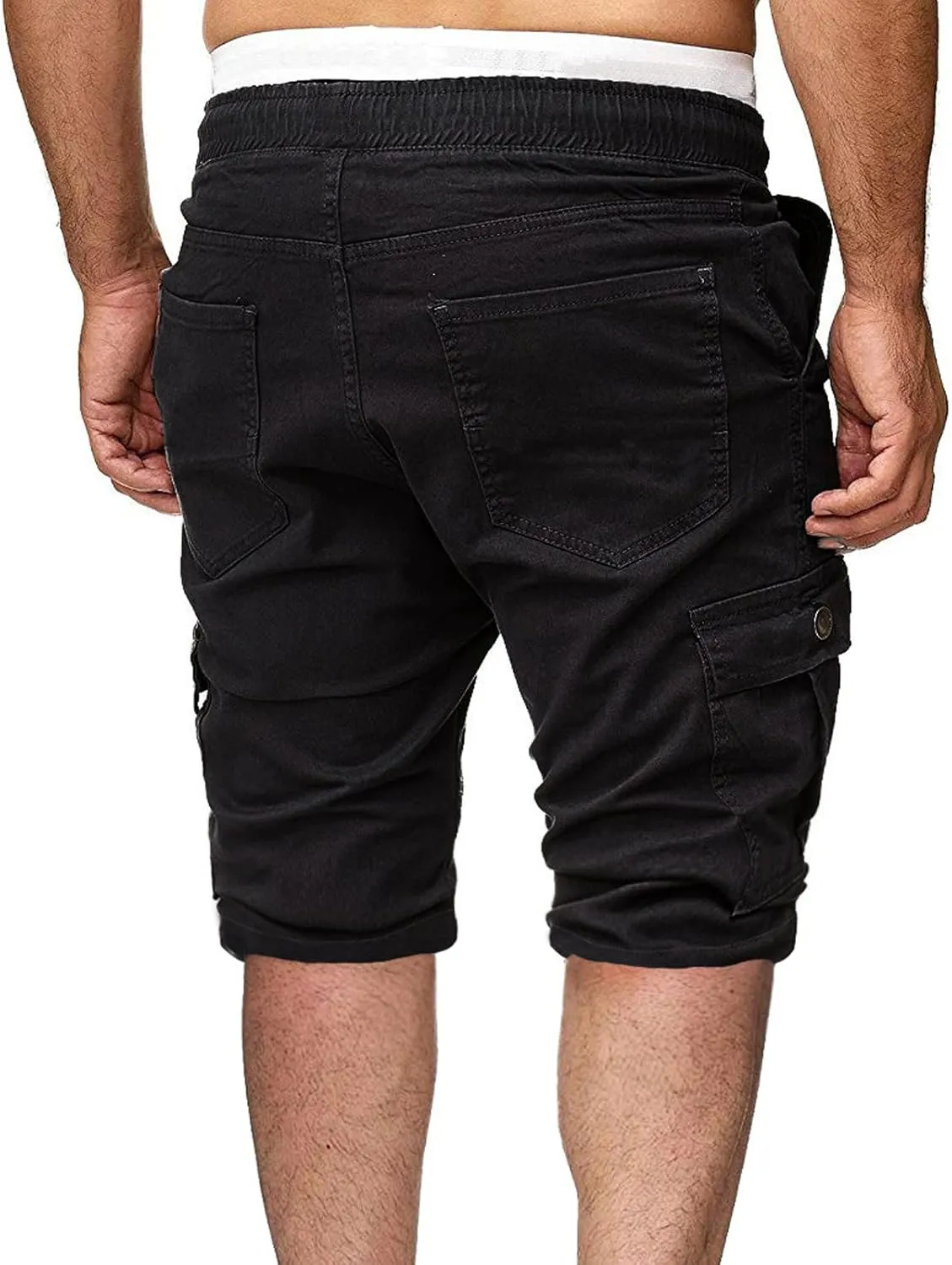 Men's Cargo Shorts Summer Casual Elastic Waist Drawstring Multi-Pockets Slim Fit Knee Length Athletic Joggers Pants