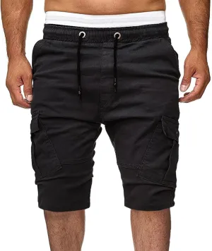 Men's Cargo Shorts Summer Casual Elastic Waist Drawstring Multi-Pockets Slim Fit Knee Length Athletic Joggers Pants