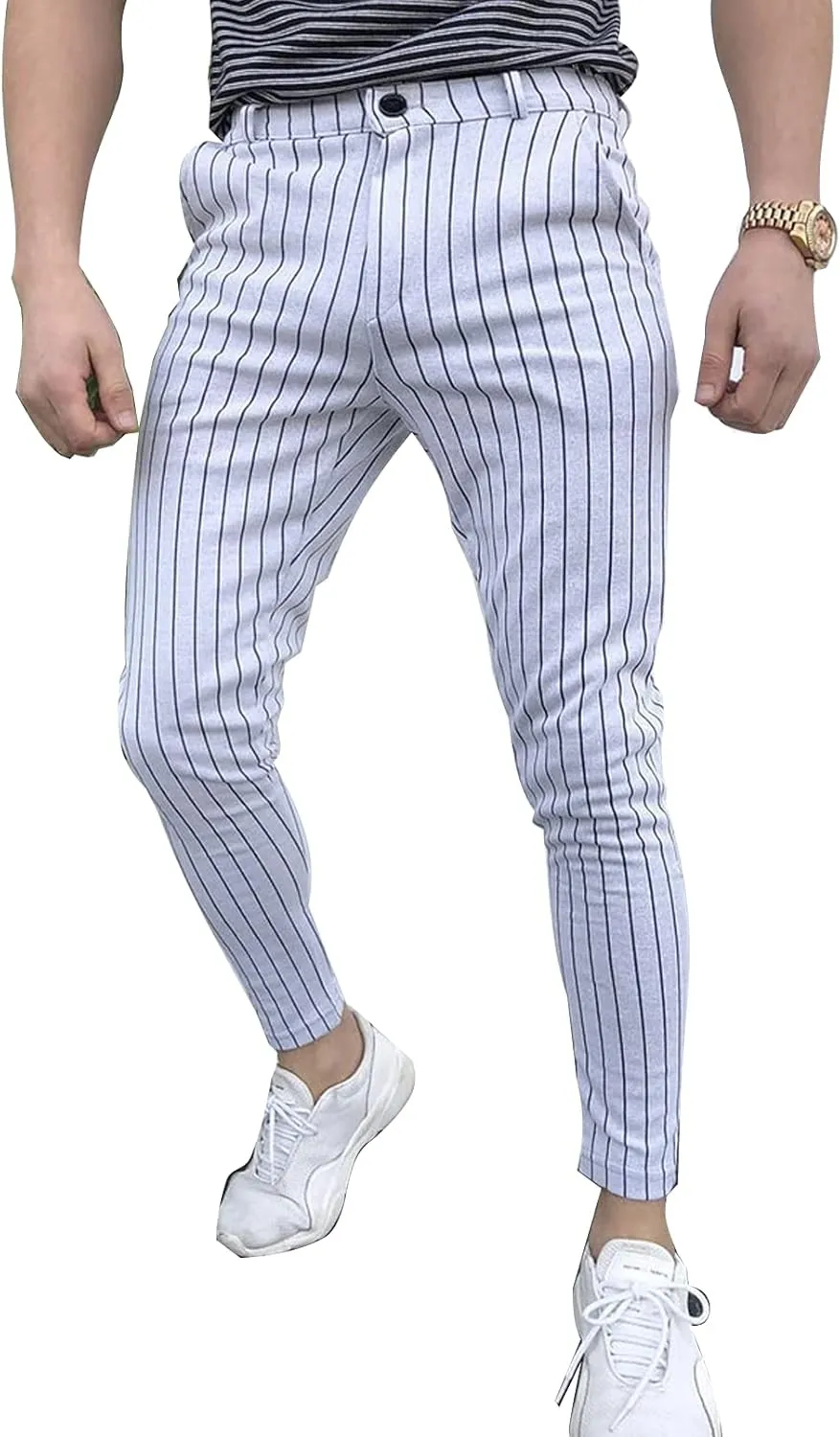 Men's Classic Slim Fit Easy Pants Stria Skinny Suit Pants Stretch Chino Flat Front Straight Trousers Dress Pants