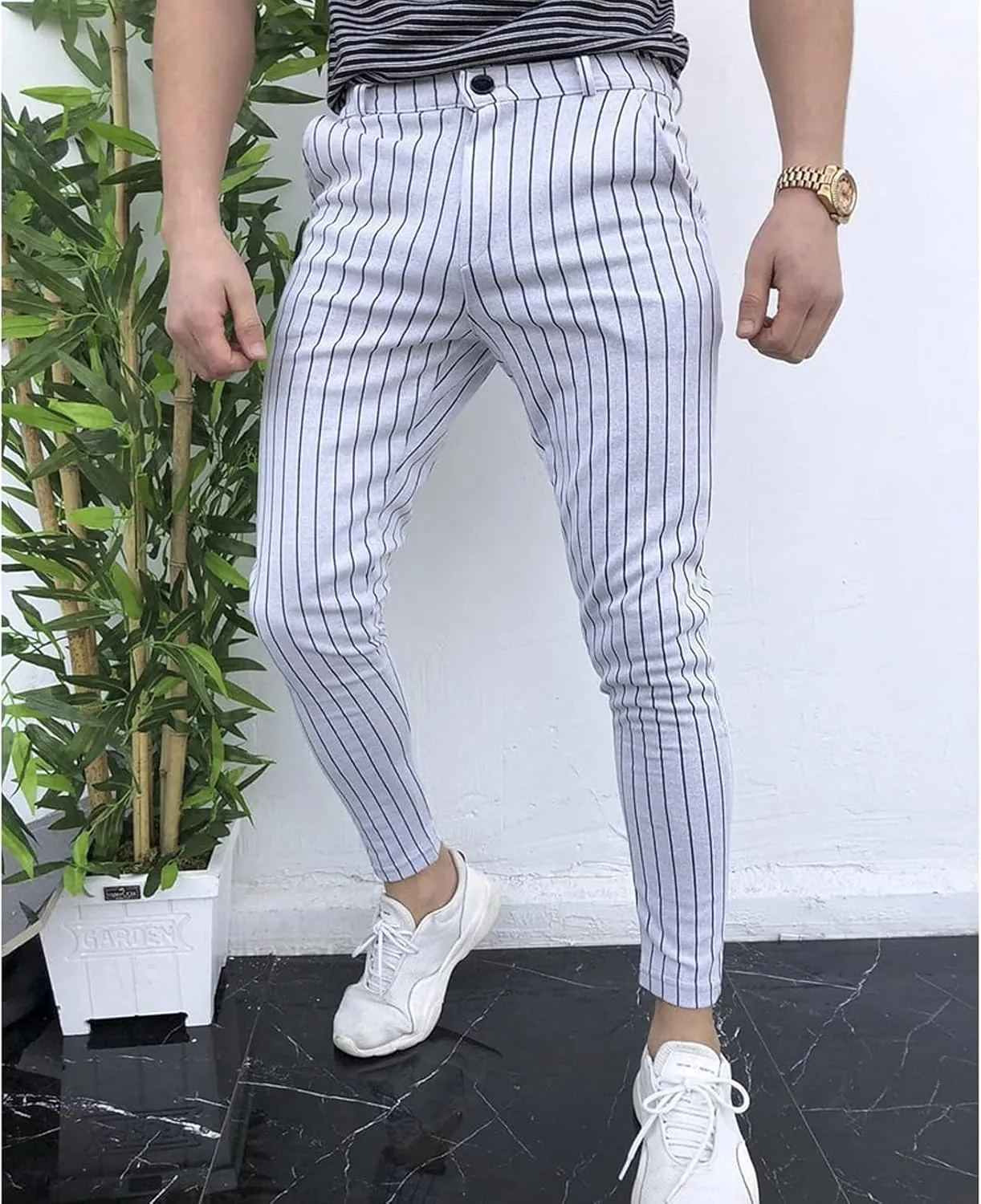 Men's Classic Slim Fit Easy Pants Stria Skinny Suit Pants Stretch Chino Flat Front Straight Trousers Dress Pants