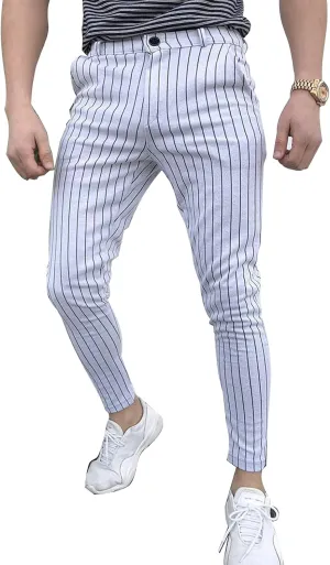 Men's Classic Slim Fit Easy Pants Stria Skinny Suit Pants Stretch Chino Flat Front Straight Trousers Dress Pants