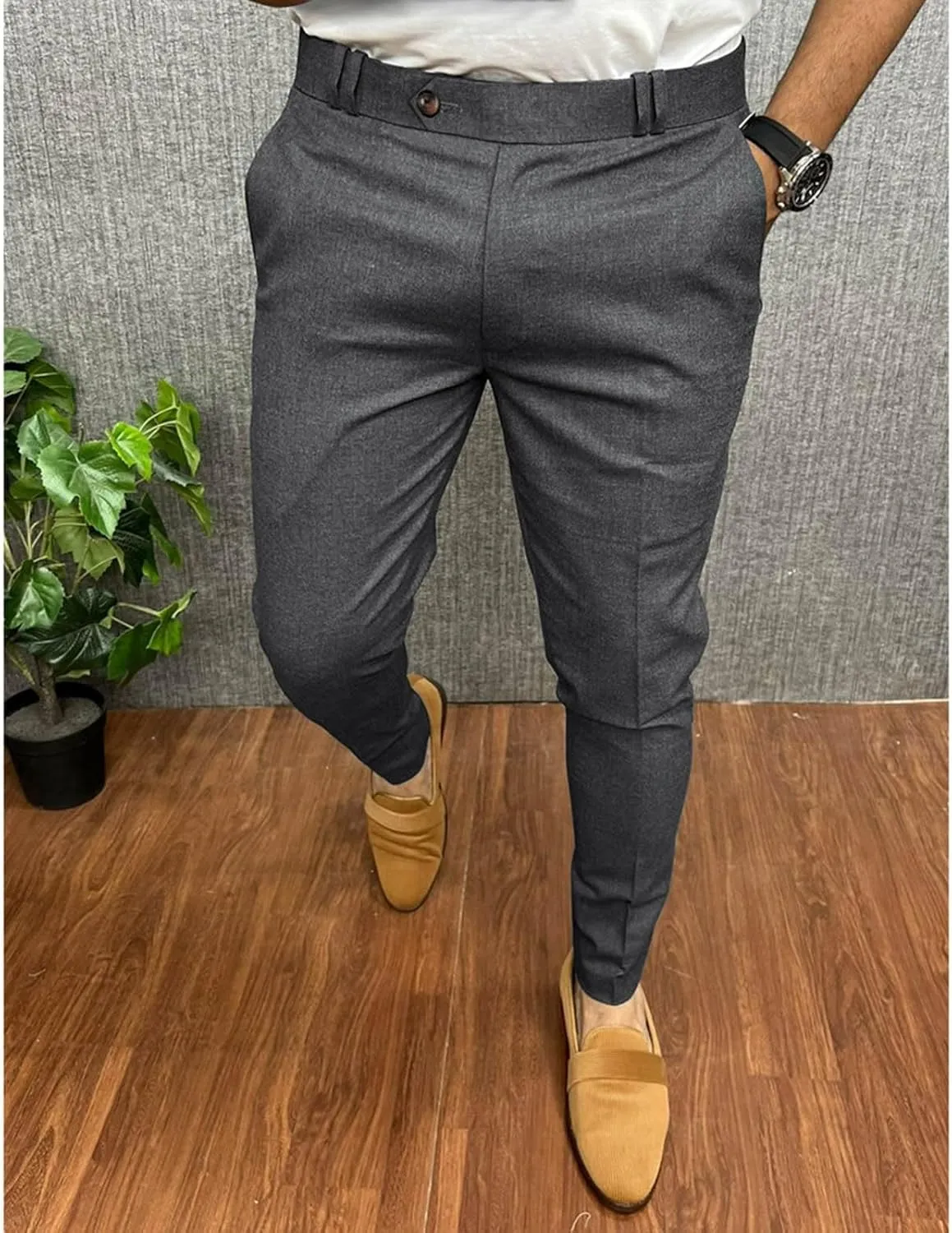 Mens Classic Stretch Flat Front Dress Pants Slim Fit Lightweigh Business Suit Trousers Daliy Streetwear with Pockets