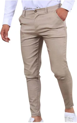 Men's Cotton Linen Dress Pants Casual Lightweight Flat-Front Stretch Chino Pants Business Slim Fit Trousers for Men