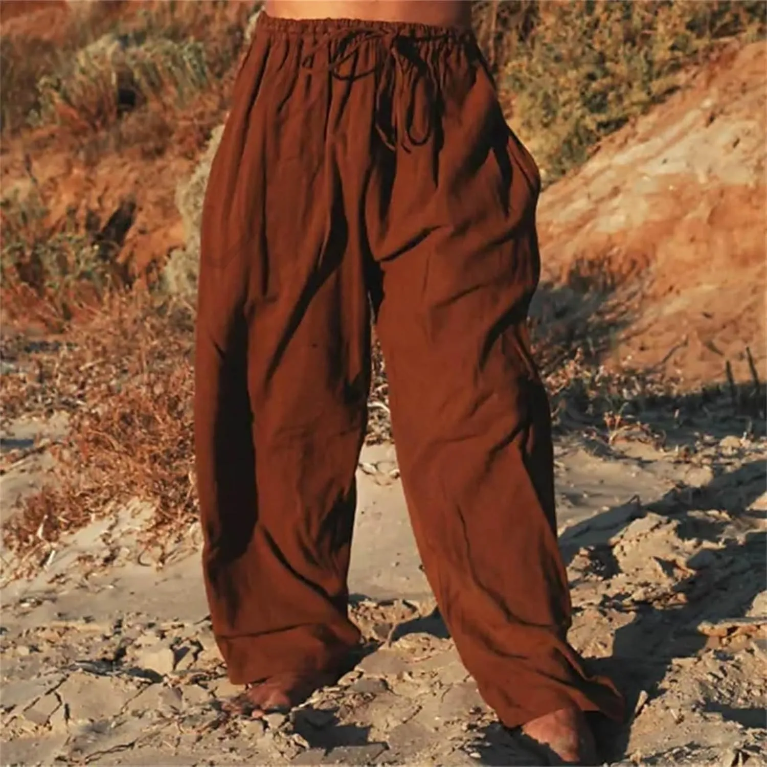 Mens Cotton Linen Harem Pants Elastic Waist Wide Leg Baggy Yoga Trousers Drawstrings Lightweight Summer Beach Pants for Men