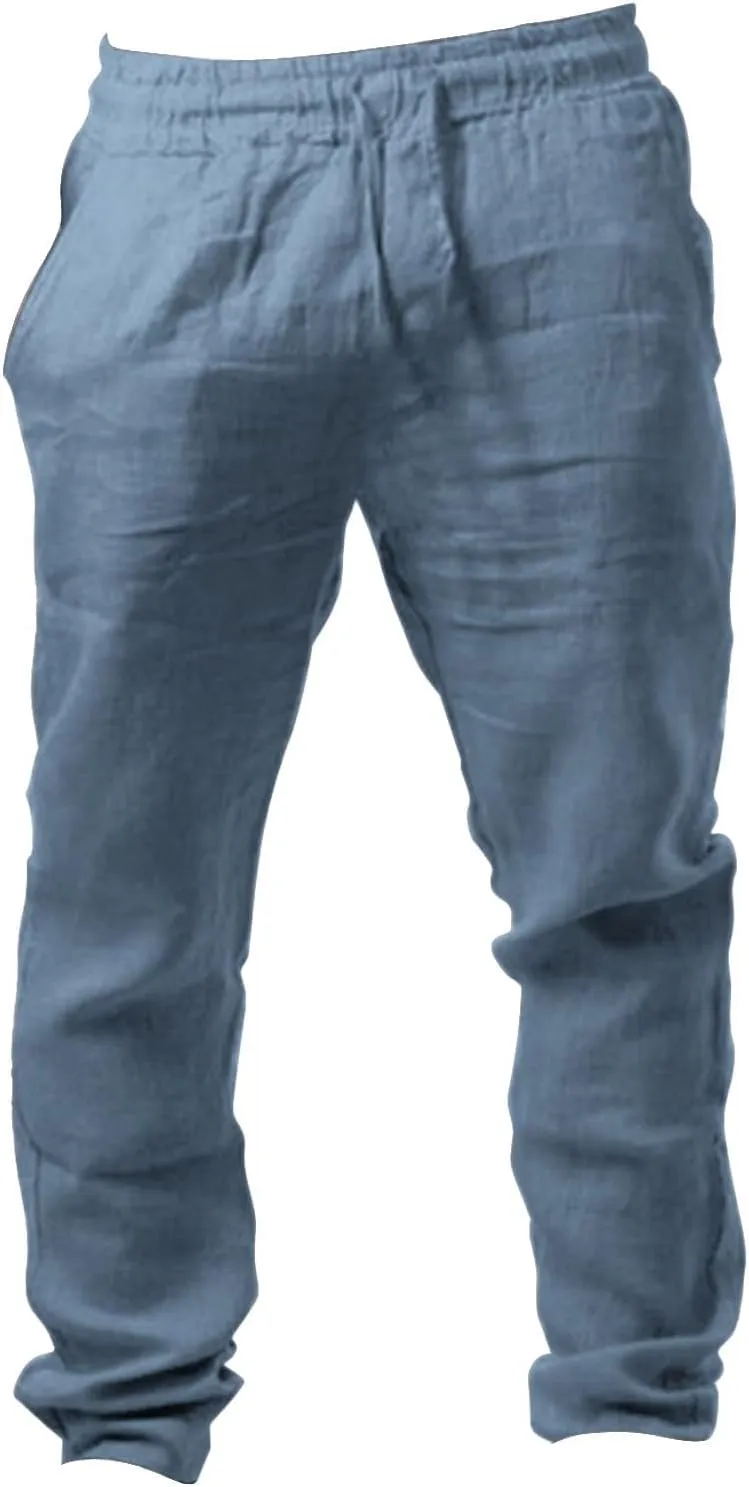 Mens Cotton Linen Pants Lightweight Drawstring Elastic Waist Trouser Wide Leg Joggers Hiking Sweatpants Yoga Pants