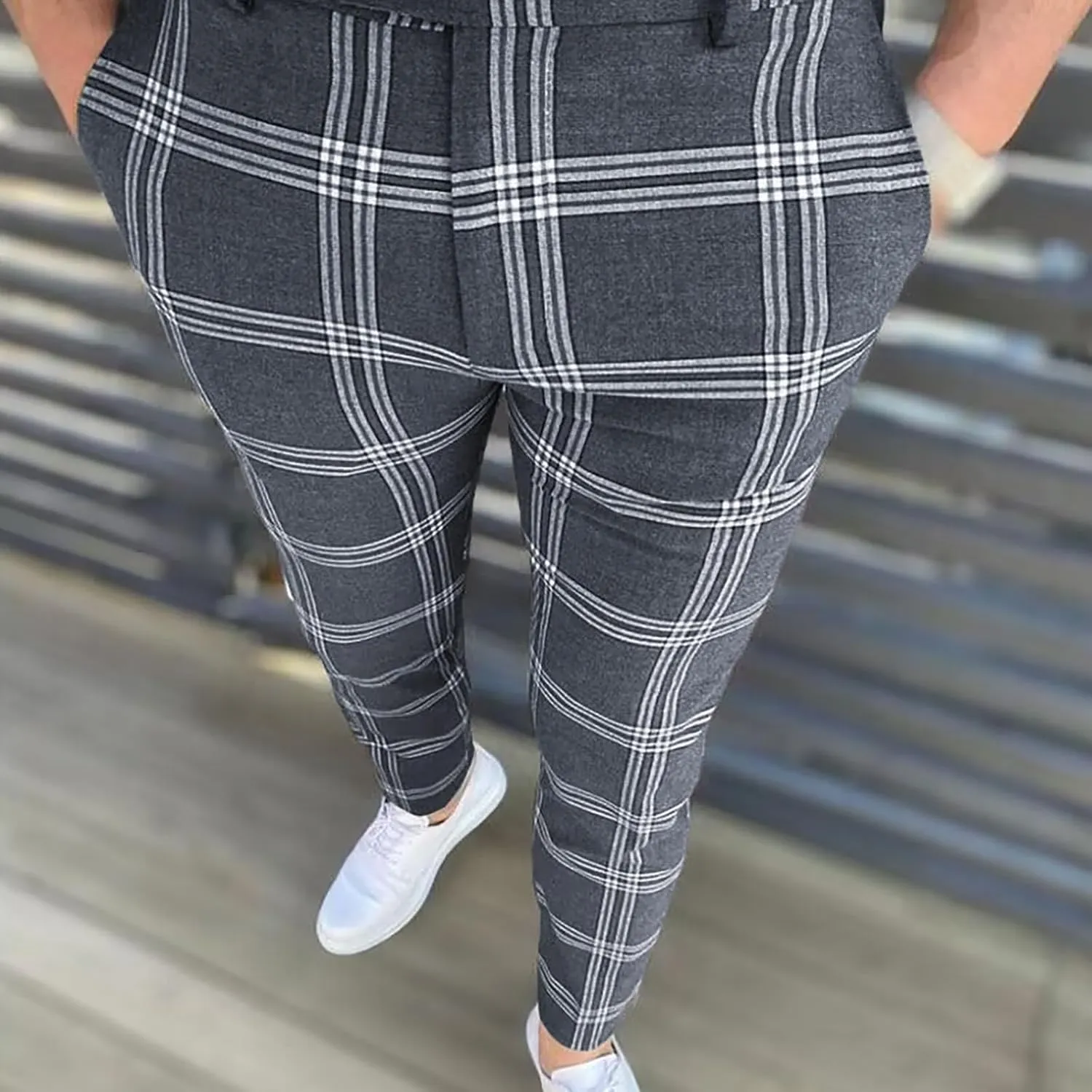 Men's Dress Pants Plaid Skinny Slim Fit Dress Pants Stretch Business Golf Pencil Chinos Pants Trousers