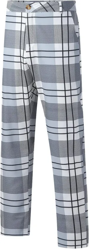 Mens Fashion Plaid Stretch Dress Pants Business Straight Leg Slim Fit Flat-Front Chino Pant Checkered Work Suit Pants White