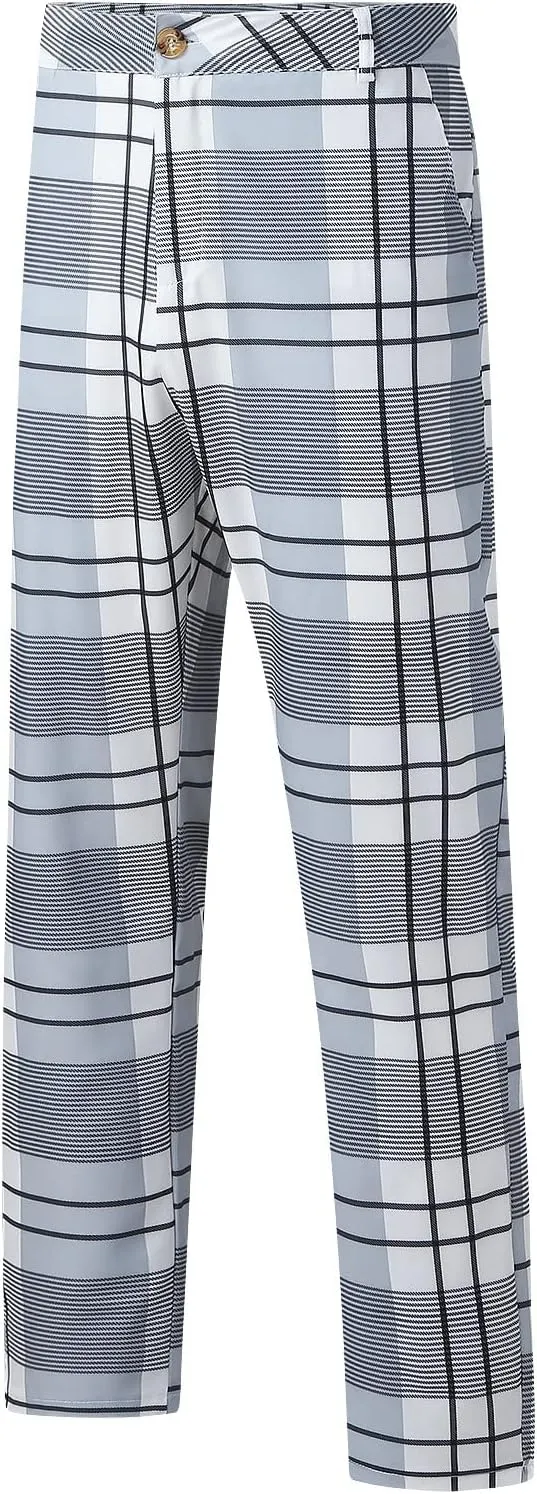 Mens Fashion Plaid Stretch Dress Pants Business Straight Leg Slim Fit Flat-Front Chino Pant Checkered Work Suit Pants White