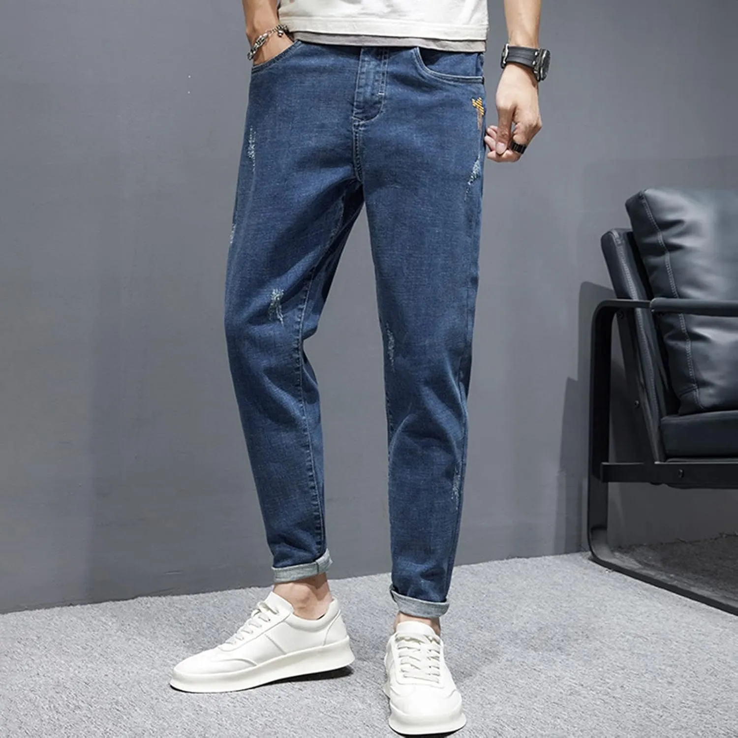 Men's Fashion Slim Fit Denim Pants Chino Super-Soft Stretch Hipster Hip Hop Streetwear Casual Hiking Travel Jean Sweatpant