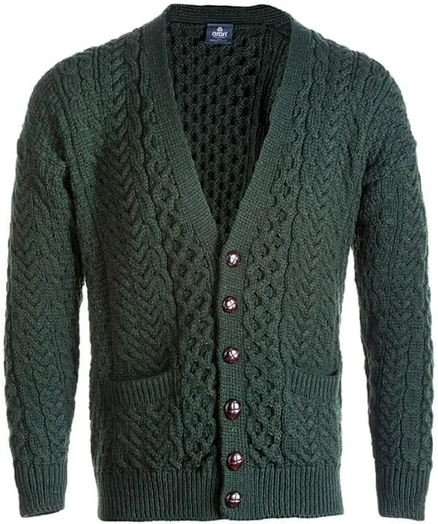 Men's Irish Cable Knit Cardigan Sweater, 100% Soft Merino Wool, V-Neck Buttoned with Pockets, Clare Island