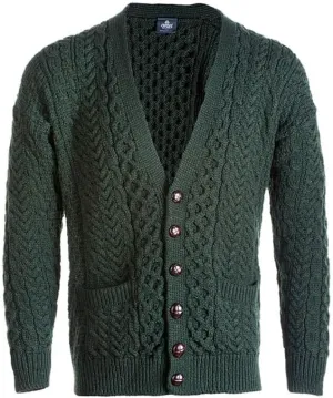 Men's Irish Cable Knit Cardigan Sweater, 100% Soft Merino Wool, V-Neck Buttoned with Pockets, Clare Island