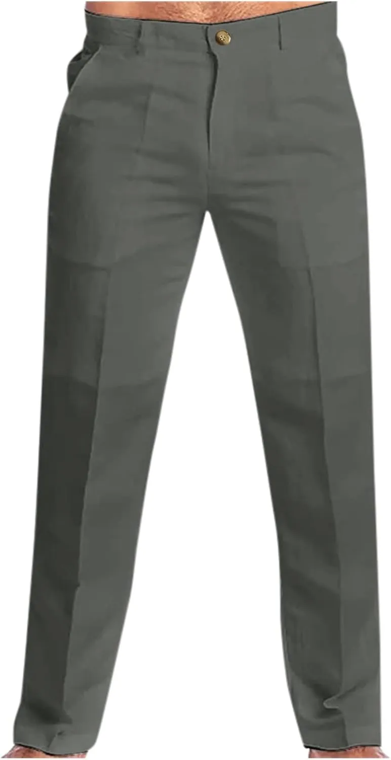 Mens Linen Dress Pants Casual Cotton Blend Relaxed Fit Straight Leg Khaki Pants Flat Front Twill Chino Trousers for Men