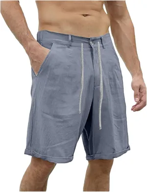 Men's Linen Regular Fit Shorts, Casual Elastic Waist Drawstring Lightweight Board Summer Beach Shorts with Pockets