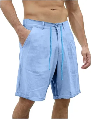 Men's Linen Regular Fit Shorts, Casual Elastic Waist Drawstring Lightweight Board Summer Beach Shorts with Pockets