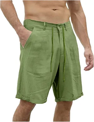 Men's Linen Regular Fit Shorts, Casual Elastic Waist Drawstring Lightweight Board Summer Beach Shorts with Pockets