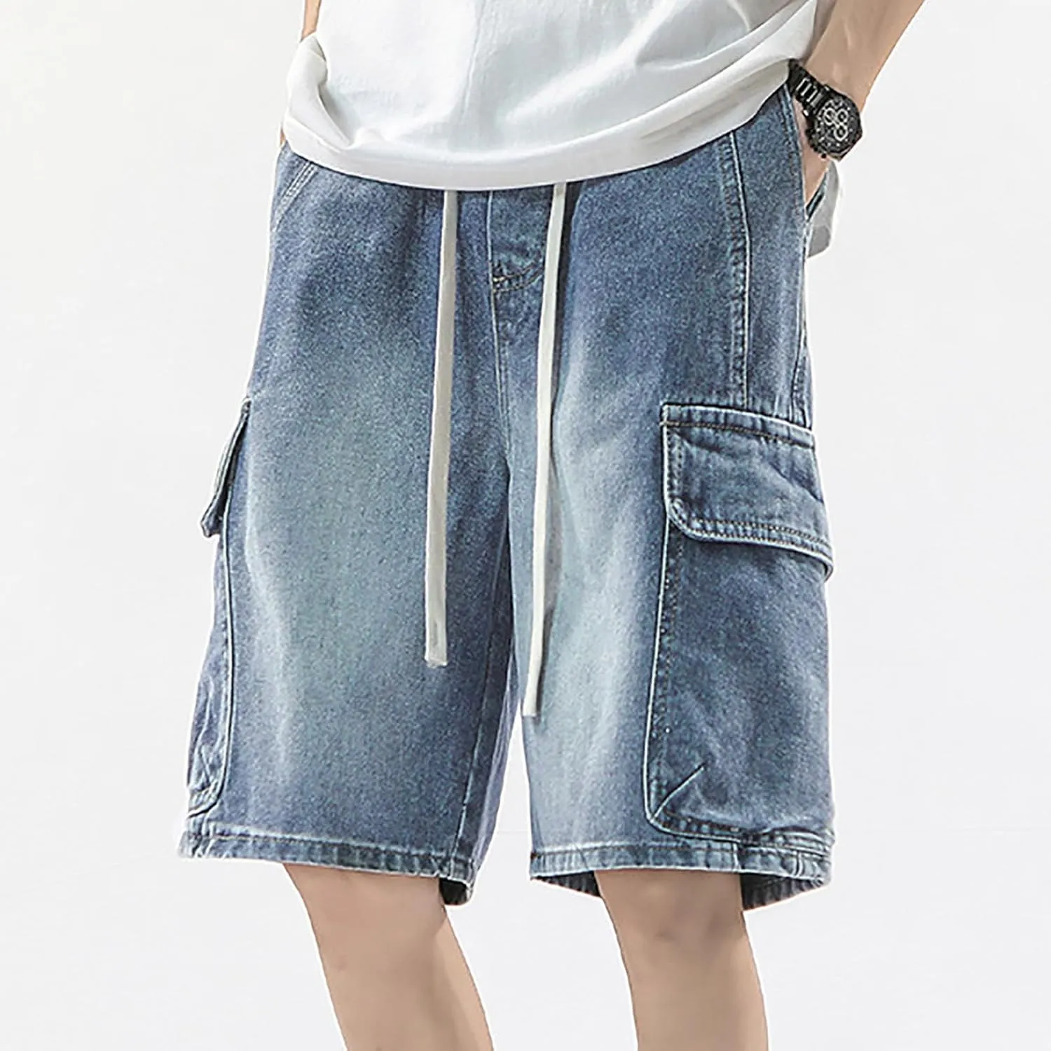 Men's Loose Fit Hip Hop Long Jean Shorts Work Denim Shorts with Pockets Skateboard Trendy Outfits