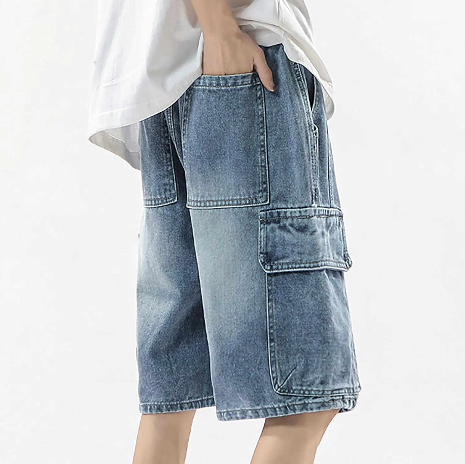 Men's Loose Fit Hip Hop Long Jean Shorts Work Denim Shorts with Pockets Skateboard Trendy Outfits