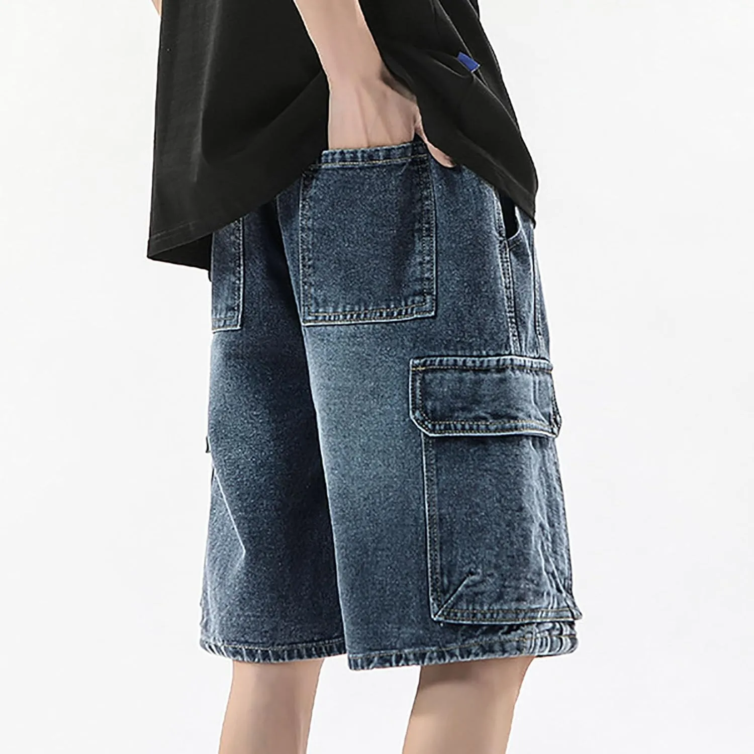 Men's Loose Fit Hip Hop Long Jean Shorts Work Denim Shorts with Pockets Skateboard Trendy Outfits
