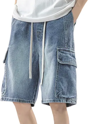 Men's Loose Fit Hip Hop Long Jean Shorts Work Denim Shorts with Pockets Skateboard Trendy Outfits