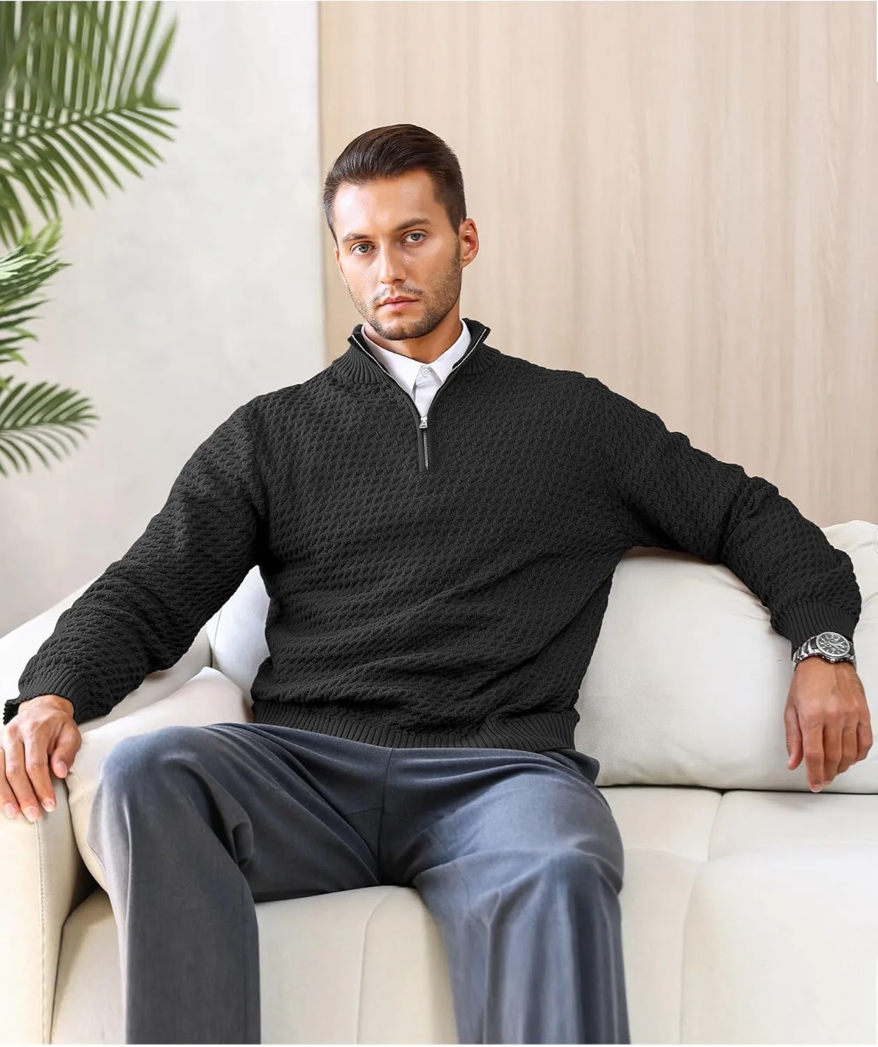 Men's Quarter Zip Pullover Sweater Slim Fit Business Casual Cable Knit Lightweight Long Sleeve Sweaters