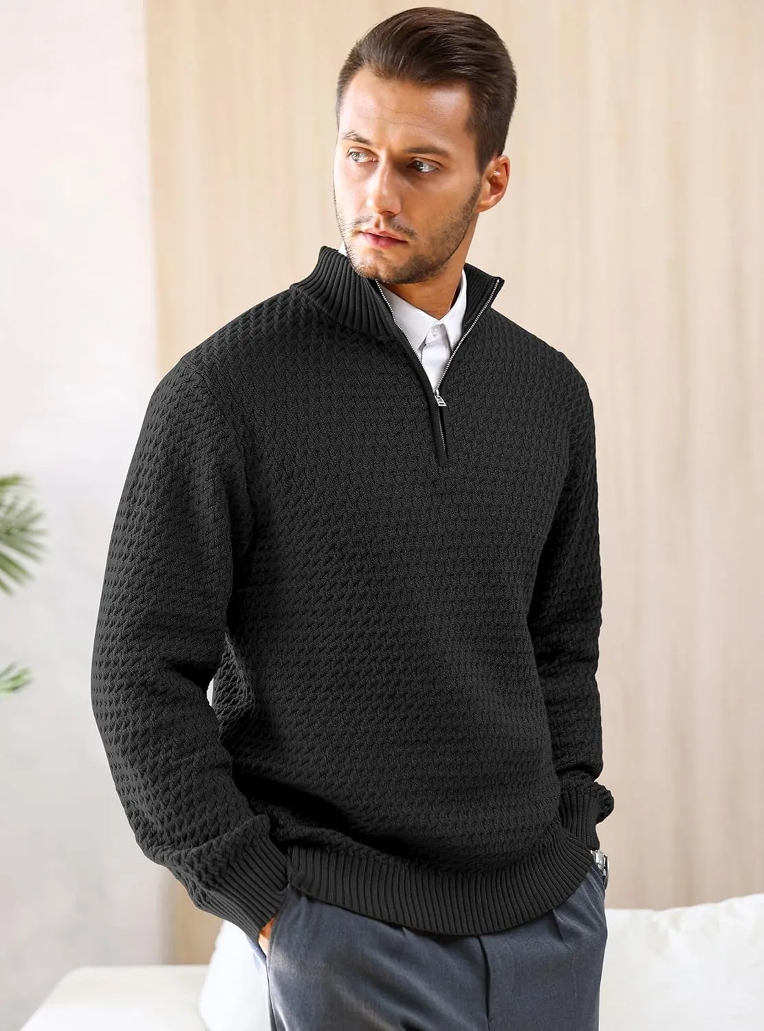 Men's Quarter Zip Pullover Sweater Slim Fit Business Casual Cable Knit Lightweight Long Sleeve Sweaters