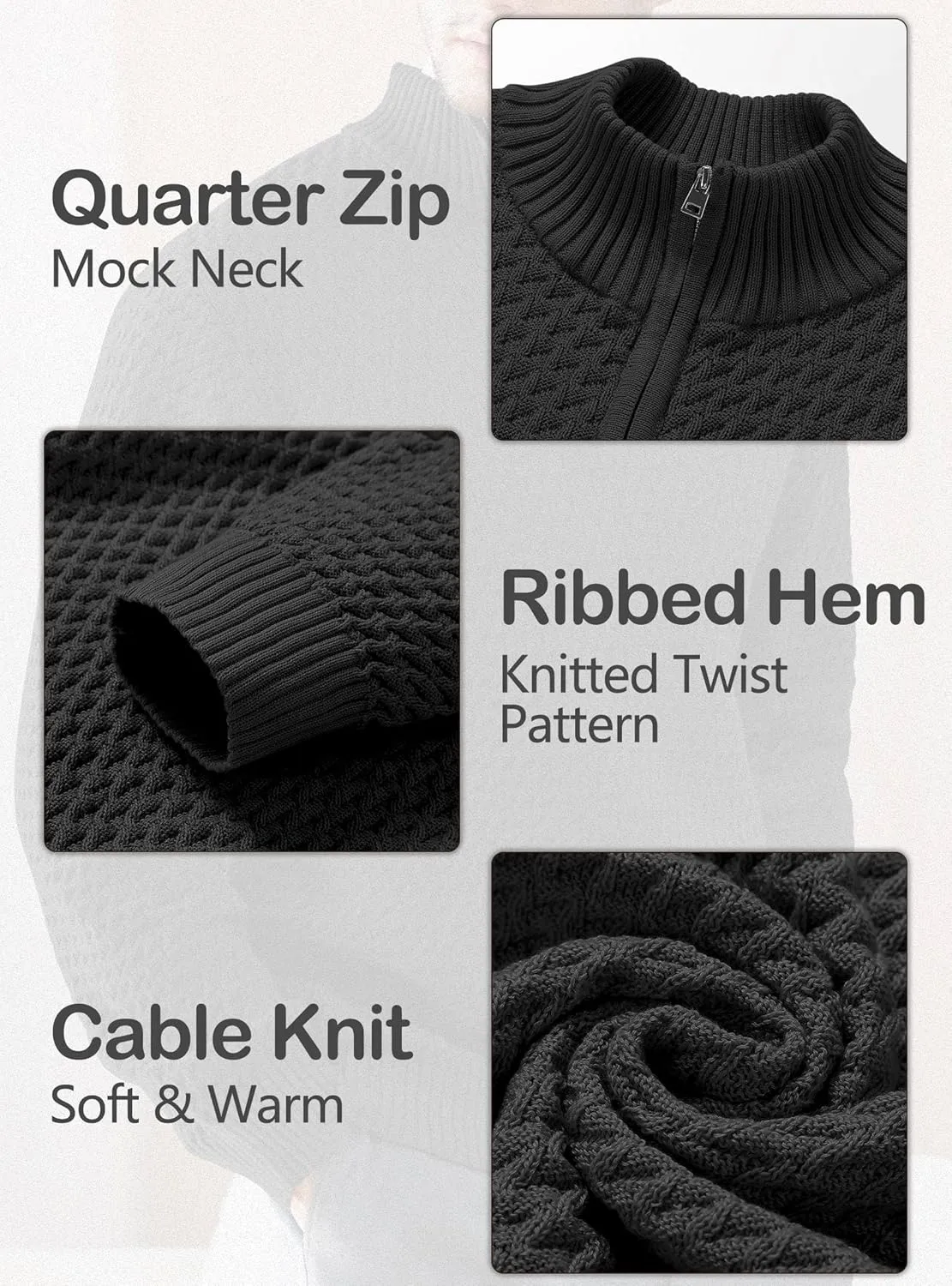 Men's Quarter Zip Pullover Sweater Slim Fit Business Casual Cable Knit Lightweight Long Sleeve Sweaters