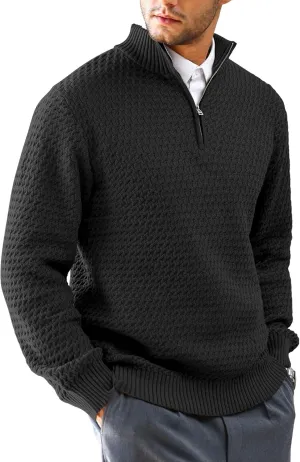 Men's Quarter Zip Pullover Sweater Slim Fit Business Casual Cable Knit Lightweight Long Sleeve Sweaters
