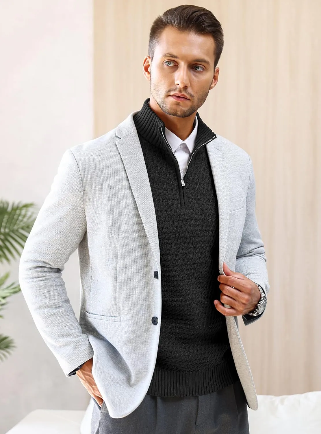 Men's Quarter Zip Pullover Sweater Slim Fit Business Casual Cable Knit Lightweight Long Sleeve Sweaters