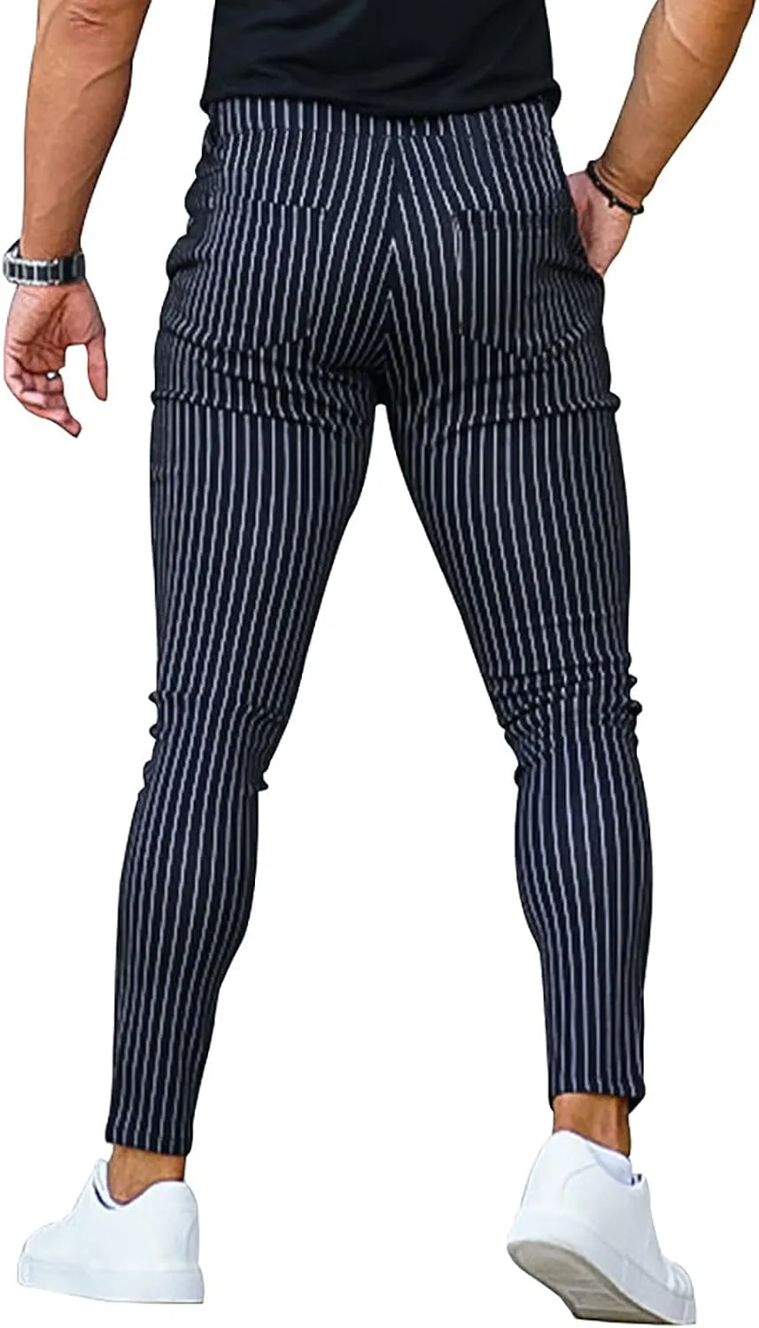 Mens Skinny Business Dress Chinos Pants Slim Fit Stretch Stripe Print Trousers for Men Flat-Front Casual Slacks for Men