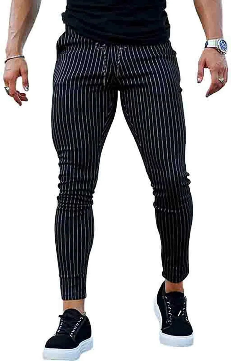 Mens Skinny Business Dress Chinos Pants Slim Fit Stretch Stripe Print Trousers for Men Flat-Front Casual Slacks for Men