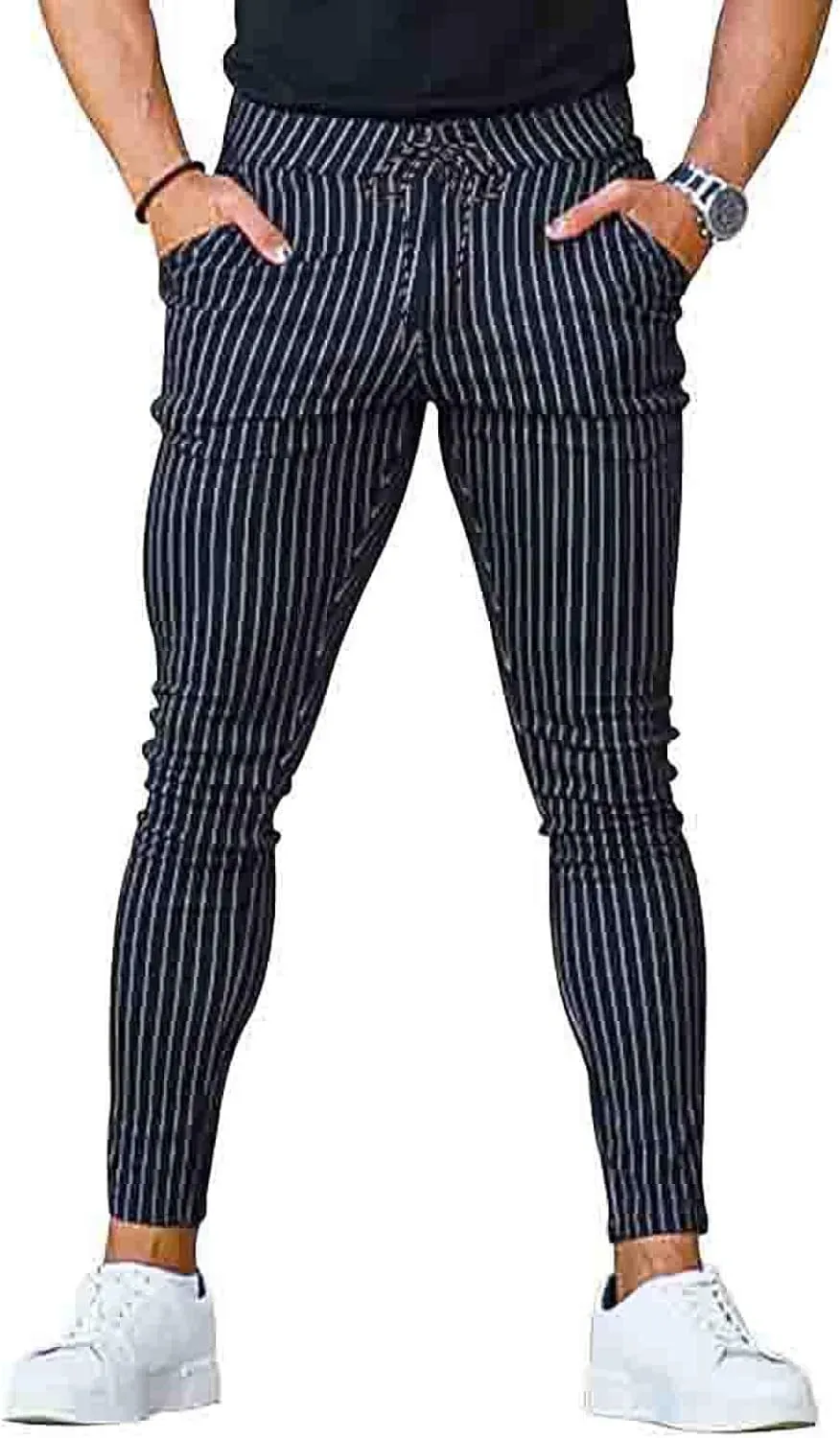 Mens Skinny Business Dress Chinos Pants Slim Fit Stretch Stripe Print Trousers for Men Flat-Front Casual Slacks for Men