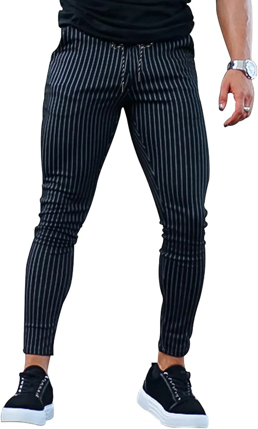 Mens Skinny Business Dress Chinos Pants Slim Fit Stretch Stripe Print Trousers for Men Flat-Front Casual Slacks for Men