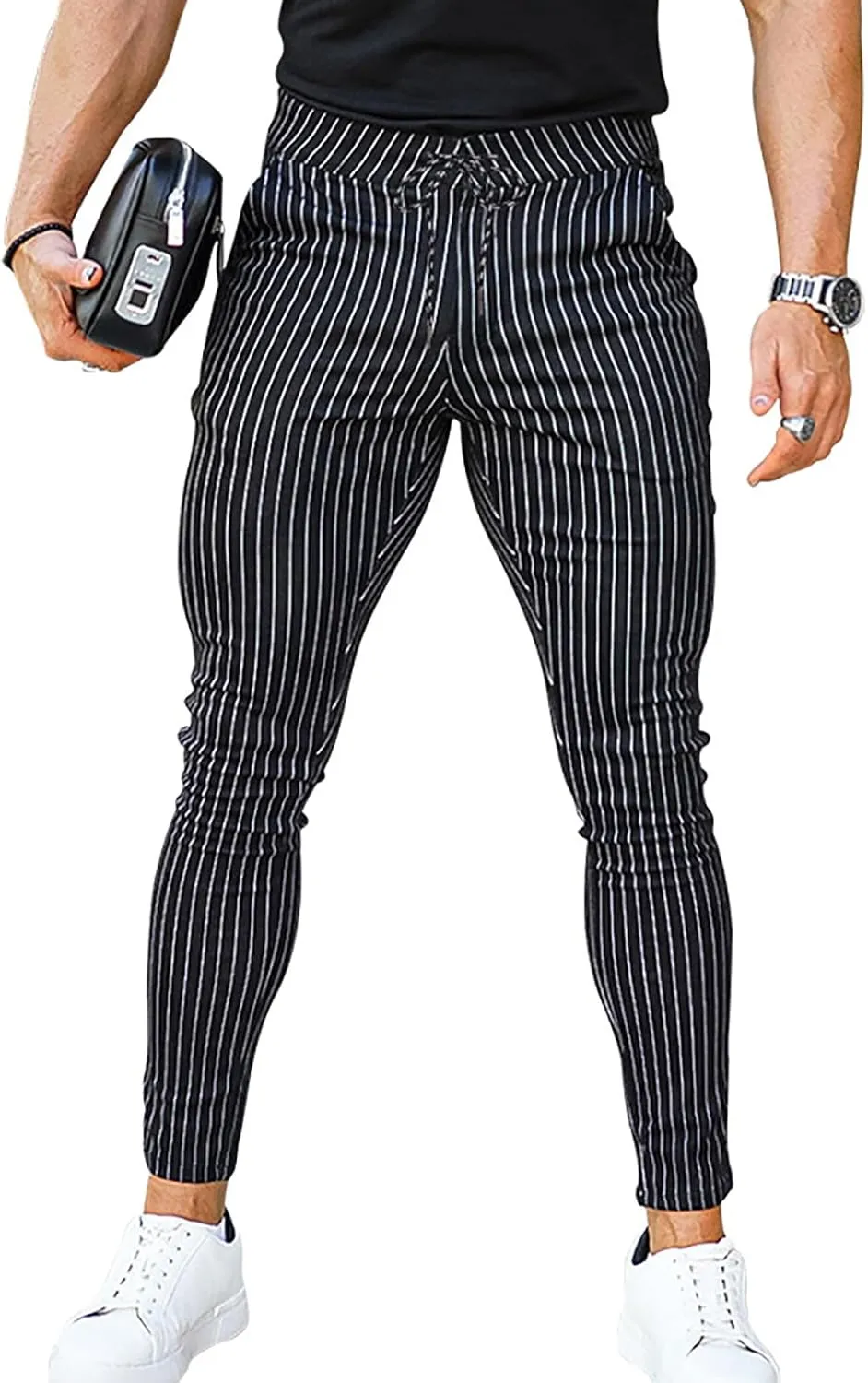 Mens Skinny Business Dress Chinos Pants Slim Fit Stretch Stripe Print Trousers for Men Flat-Front Casual Slacks for Men