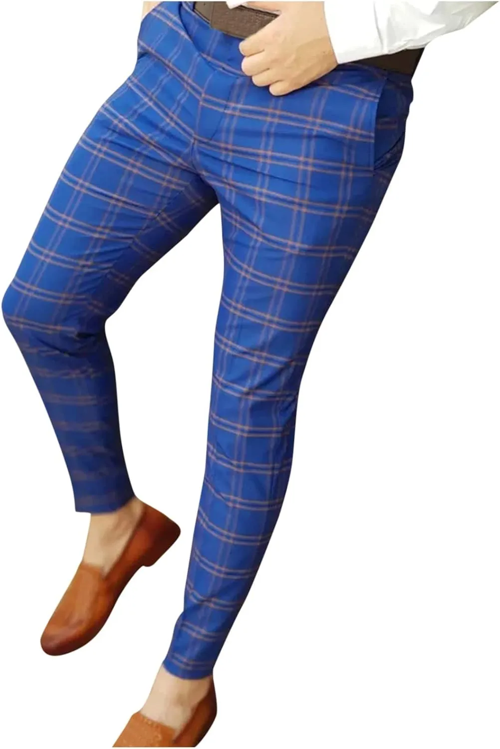 Mens Stretch Plaid Dress Pants Slim Fit Flat-Front Casual Skinny Chinos Business Fashion Golf Pencil Tapered Trousers