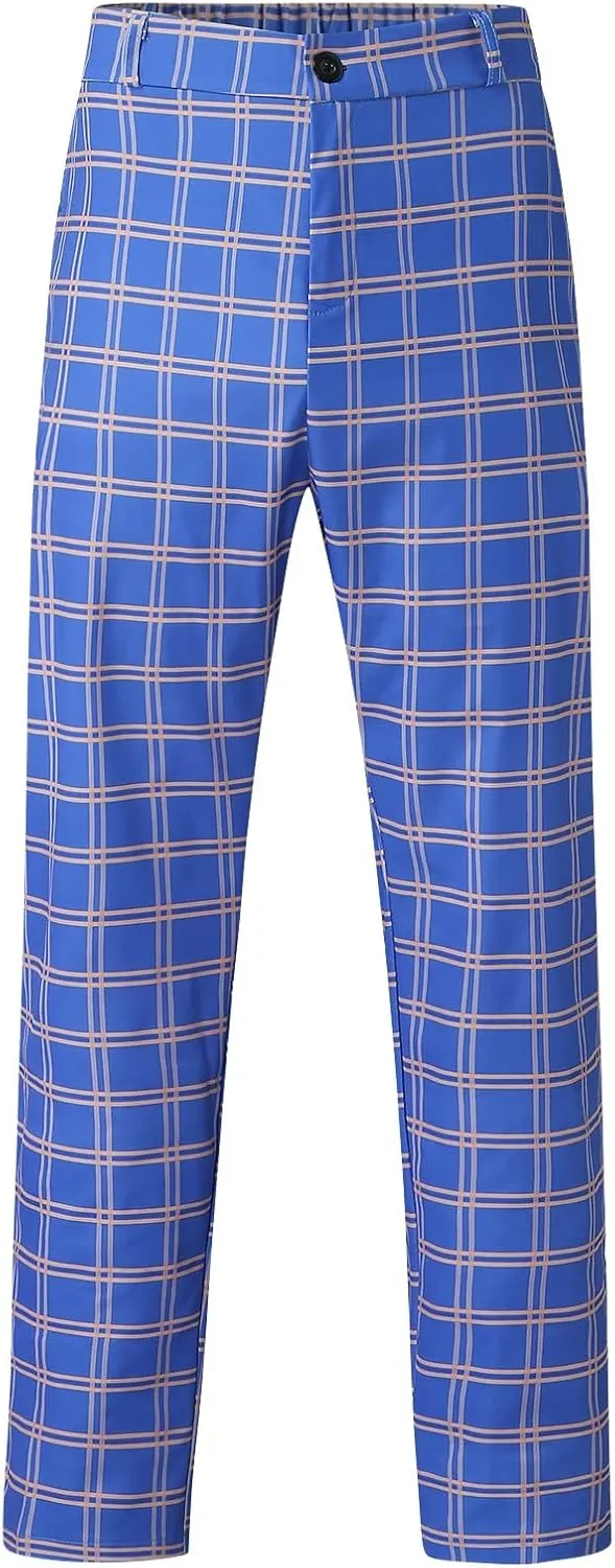Mens Stretch Plaid Dress Pants Slim Fit Flat-Front Casual Skinny Chinos Business Fashion Golf Pencil Tapered Trousers