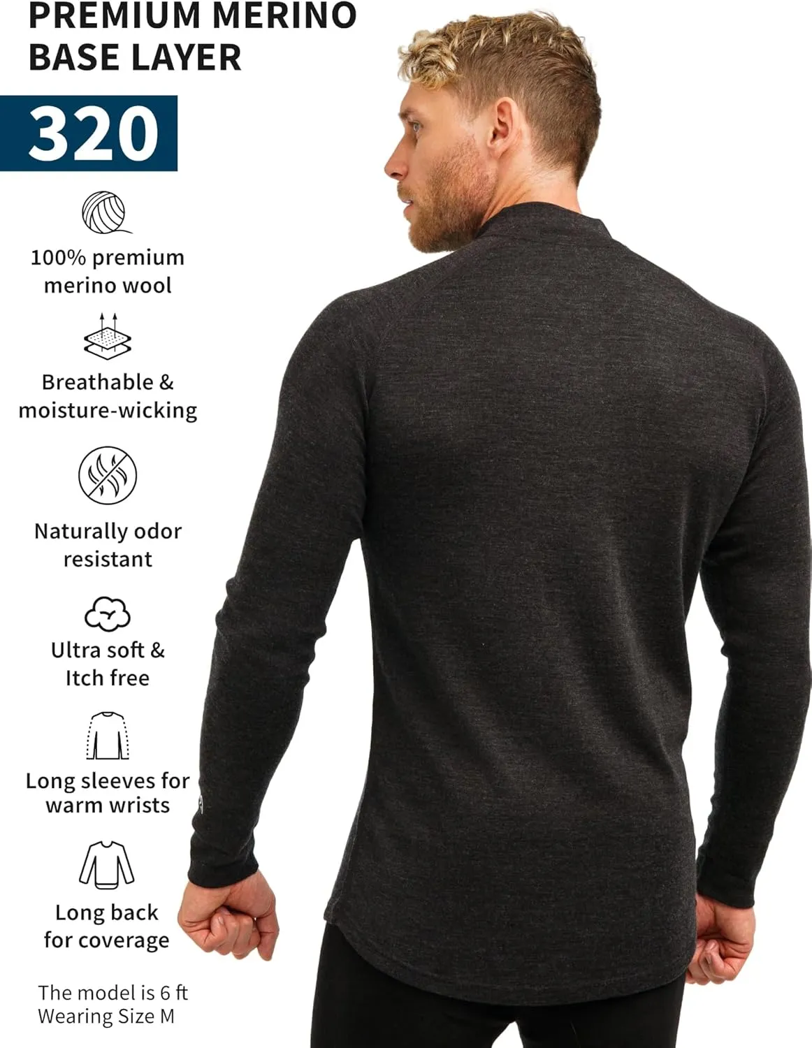 Merino Wool Base Layer Mens - Wool Half Zip Sweater Men - Merino Quarter Zip Sweater Lite, Midweight, Heavyweight and Socks
