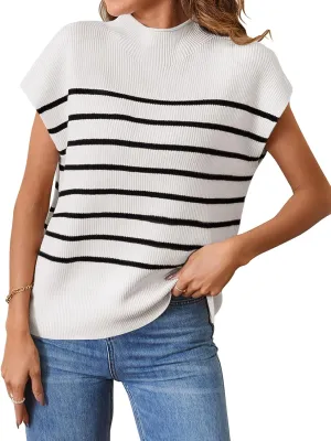 MEROKEETY Women's 2025 Sleeveless Mock Neck Striped Sweater Vest Cap Sleeve Ribbed Knit Pullover Tank Tops