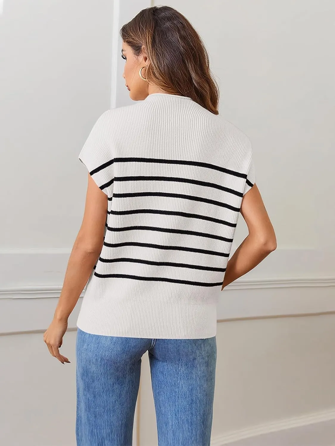 MEROKEETY Women's 2025 Sleeveless Mock Neck Striped Sweater Vest Cap Sleeve Ribbed Knit Pullover Tank Tops
