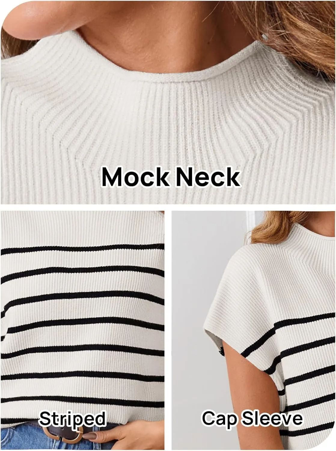 MEROKEETY Women's 2025 Sleeveless Mock Neck Striped Sweater Vest Cap Sleeve Ribbed Knit Pullover Tank Tops