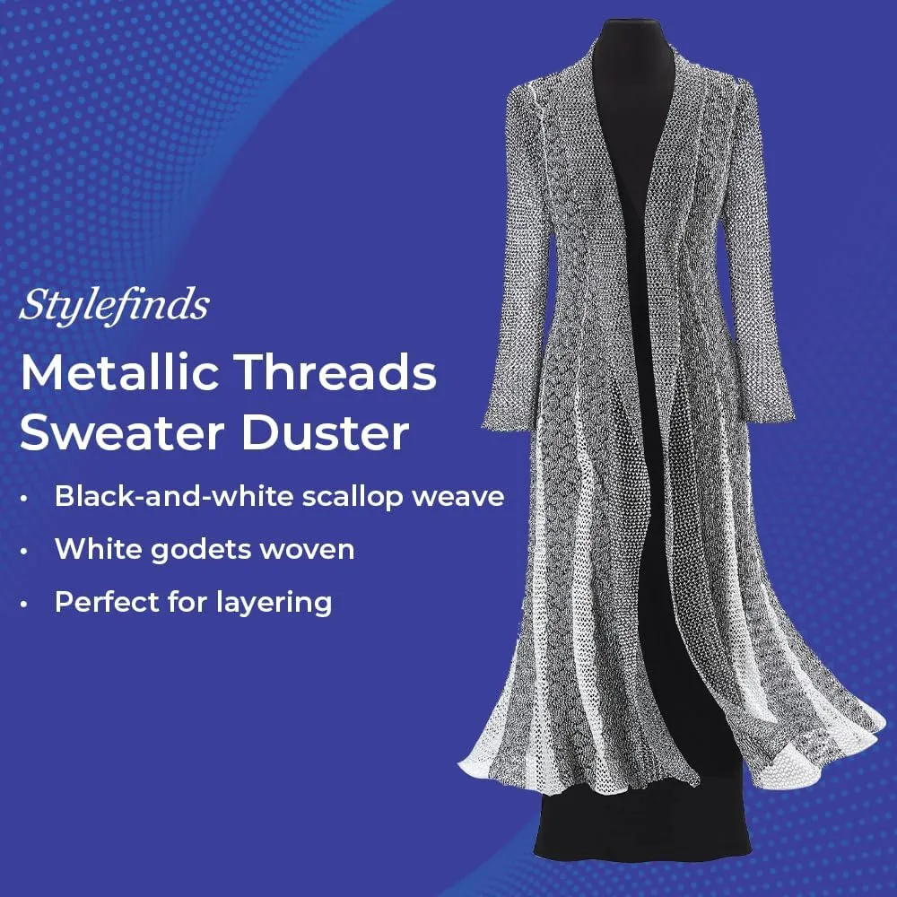 Metallic Threads Sweater Coat for Women, Open Front Maxi Cardigan, Lightweight Long Sleeve Knitted Duster